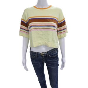 Rodebjer Women Cropped T-Shirt Yellow Striped Cotton Short Sleeve Size S